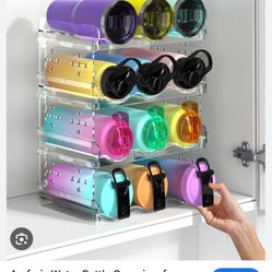 4Tier Water Bottle Organizer - 12 Bottle Stackable Holder for Tumblers, Cups, Wine Bottles - Free-Standing Kitchen Organization Shelf Rack for Cabine