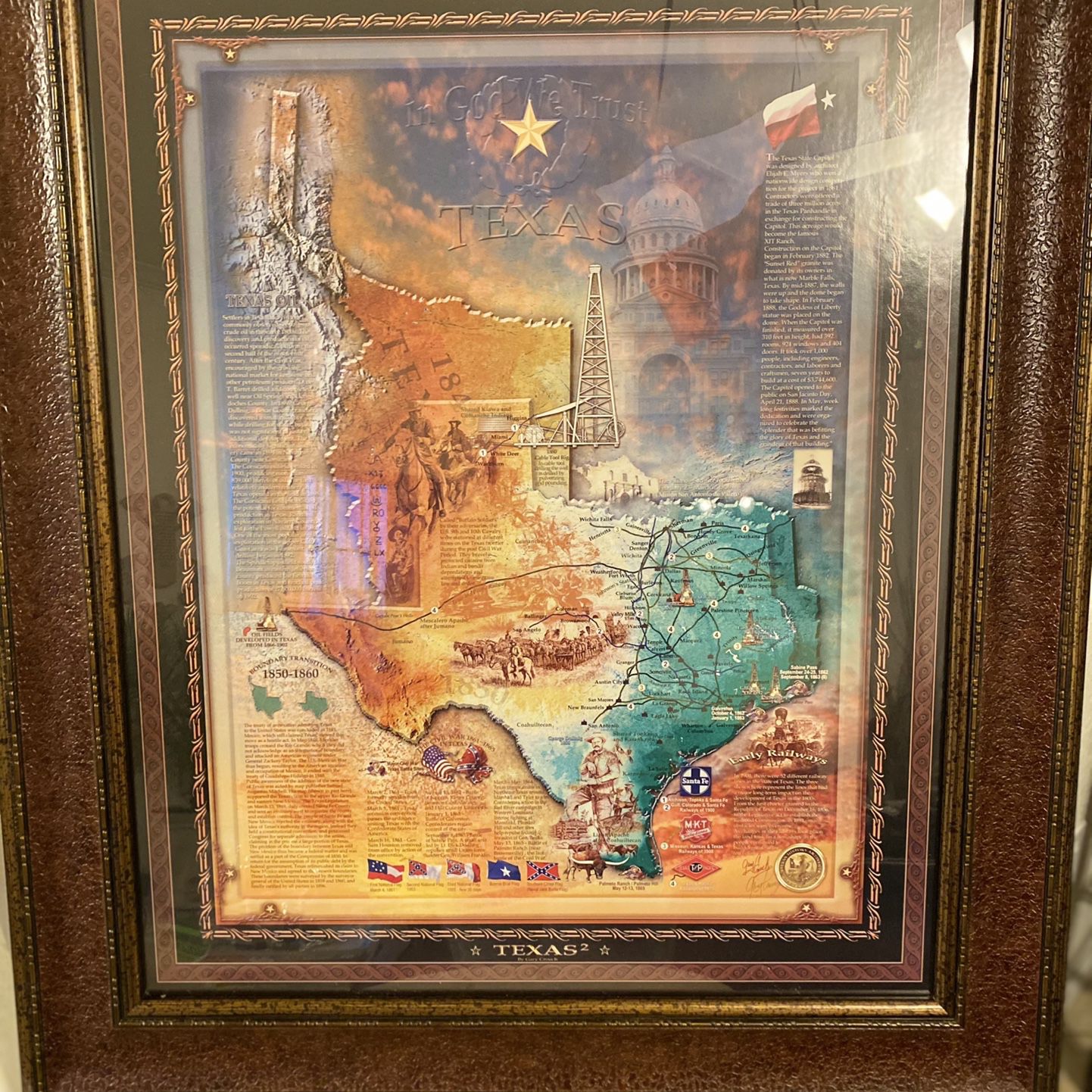 Beautiful Art Piece depicting Texas History !The Oil Fieds developed in Texas from 1. Has Original Signatures . Valued Approximately $1200