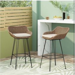 Set of 4 29.25" Outdoor Wicker and Iron Low Back Barstools - Light Brown, with Beige Cushion