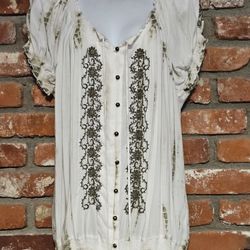 Fever Embroidered Bohemian Tunic Top Puff Cap Sleeves  XL