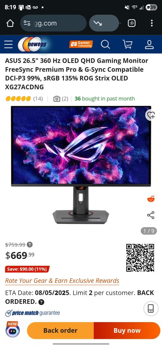 ROG STRIX OLED XH27AQDMG Gaming Monitor 1440p 240hz 