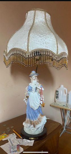 Vintage Victorian Lady Table Lamp with Beaded Fringe Shade