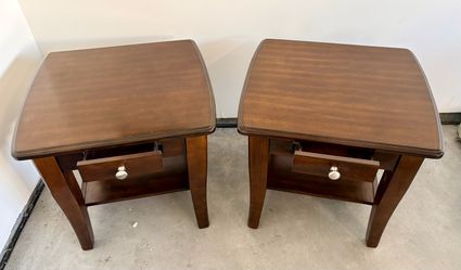 Two Matching Wood End Tables with Drawers