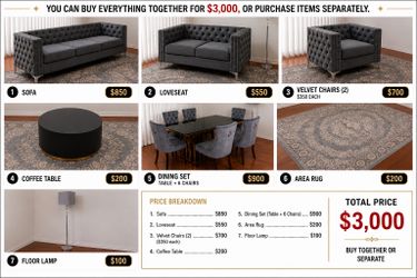 Modern Gray Velvet Living Room & Dining Room Set – Like New – Complete Set