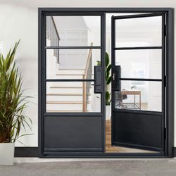 72x81 Matte Black French Iron Double Door Made of Steel | 3-Lite with kickplate Right Hand Outswing| Complete with Handle and Lock | Modern Front