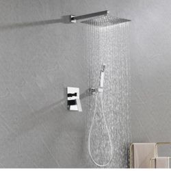  2-Spray Patterns with 2.5 GPM 11.8 in. Wall Mount Dual Shower Heads with Hand Shower in Chrome New