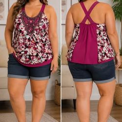 Umgee Floral Tank Top with Beaded Neckline & Crisscross Back – Magenta