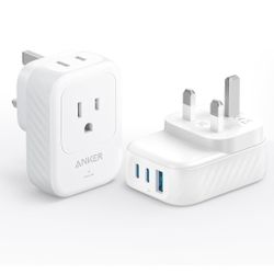 NIB  Anker  2 Pack  Model A92A2  White  UK European to US Adapter  15W  2 AC  2 USB-C   1 USB-A  