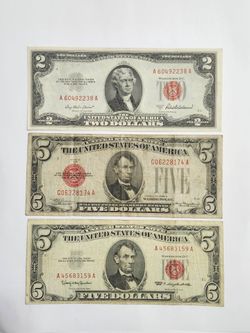 1928 , 1953 , 1963 U S Red Seal Five and Two Dollars Antique Banknotes / Old Bills