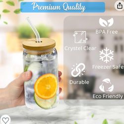 6Pcs Drinking Glasses with Bamboo Lids and Glass Straw - Can Shaped Glass Cups for Beer, Ice Coffee, Cute Tumbler Cup Great for Soda Boba Tea Cocktai