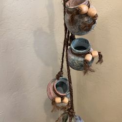 Southwest ceramic pottery hanging pots with wood beads.  String hanger .36 x 6 inches. Fun accent .