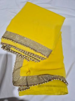 Chiffon Saree textured Chiffon Saree with Gold lace and beads
