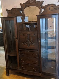 Antique Victorian Oak Double Side by Side Bow Glass Bookcase, Secretary Desk