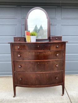 Vintage Solid Wood Dresser / Chest of Drawers with Swivel Mirror on Wooden Casters