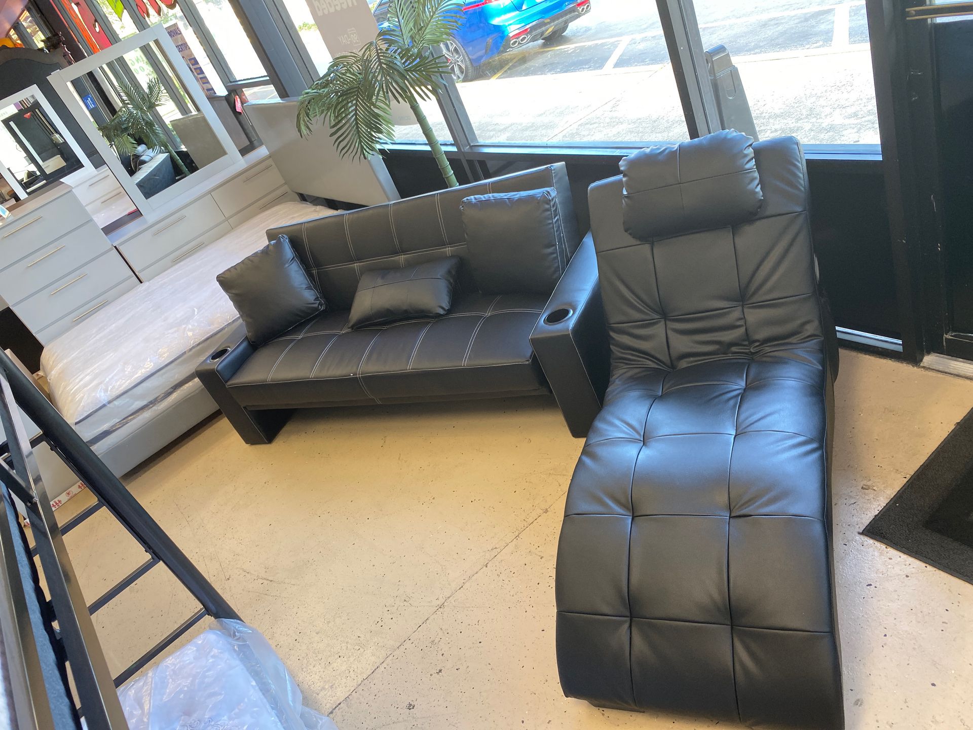 Black leather futon and chaise!!