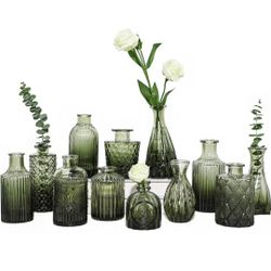 Set of 12 Green Glass Vases, Small Vases for Flowers, Vase for Bulk Centerpieces, Mini Vintage Vase for Wedding Decoration, Office and Home Table Deco