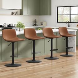 Bar Stools Set of 4, Modern Adjustable Swivel Counter Height Barstools with Back, PU Leather Bar Chairs for Kitchen Island, Brown