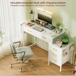 ✌️ Vanity Desk without Mirror, Makeup Vanity with 5 Fabric Drawers, White Vanity Desk Dressing Vanity Table with Charging Station, 50 Inch Large Girl 