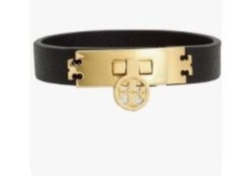 Tory Burch Black Leather Gold Logo Bracelet