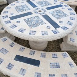 Concrete Mosaic Picnic Table with 3 Benches/ Outdoor Patio Furniture