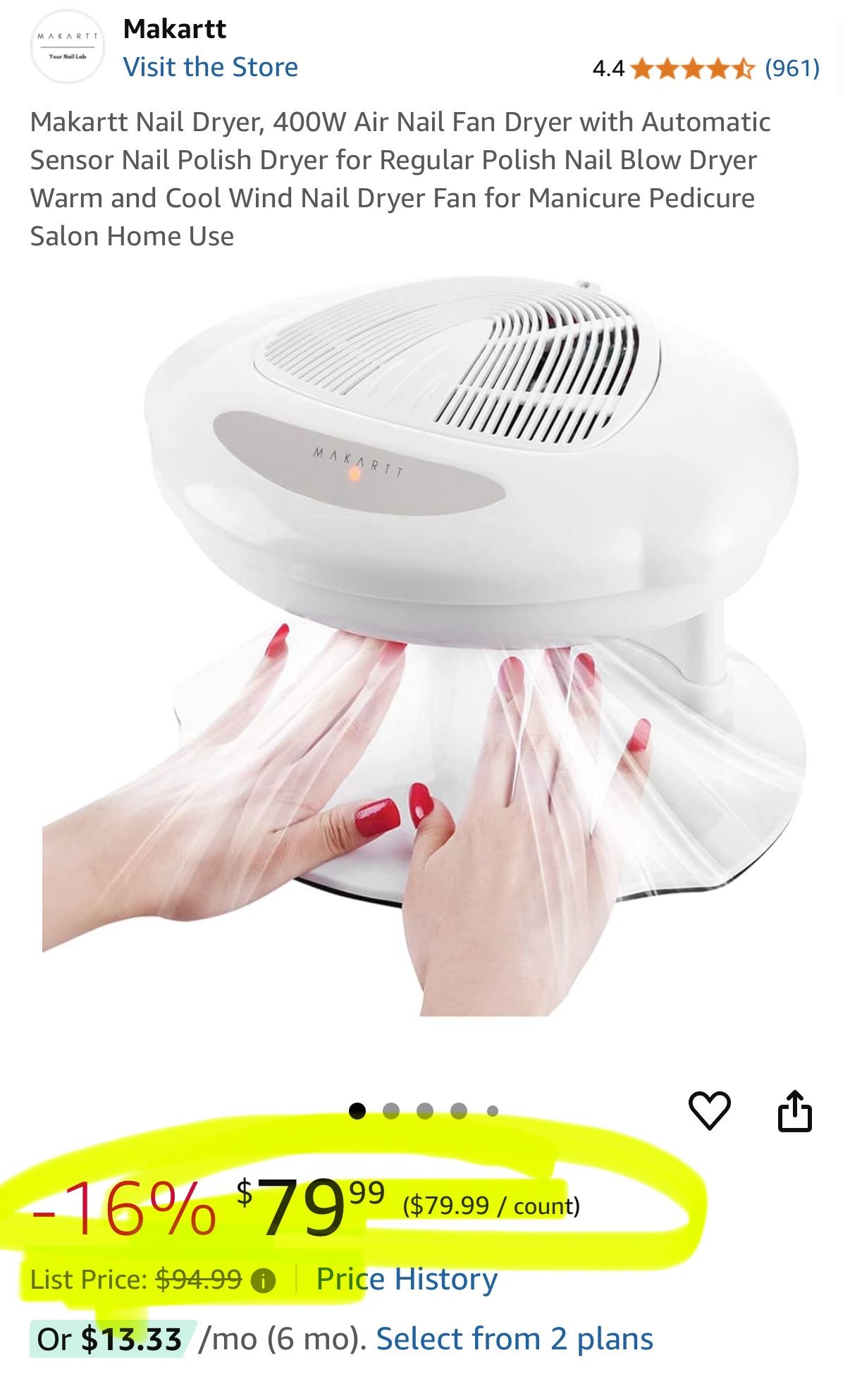 Makartt Nail Fan Dryer – 400W Power with Auto Sensor *** LIKE NEW !!!