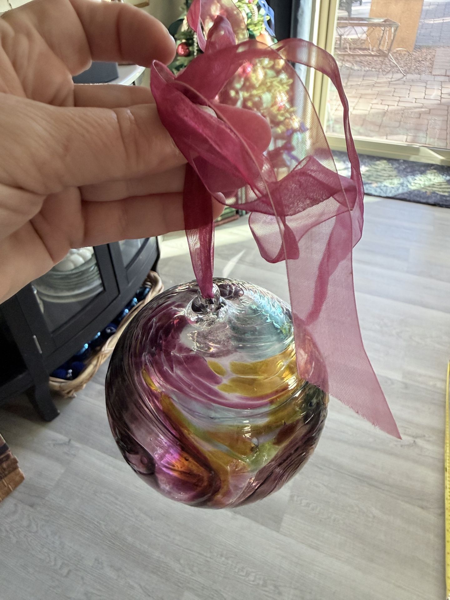 Hand Blown Multicolor Glass Ornament With Magenta Ribbon  W/box
