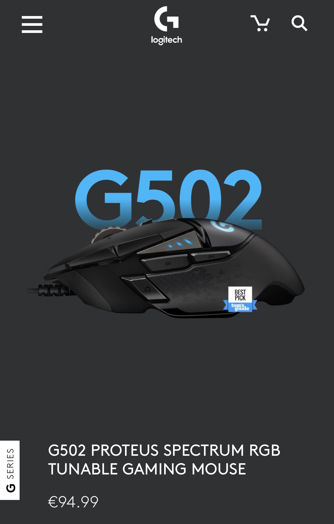 G502 PROTEUS SPECTRUM RGB TUNABLE GAMING MOUSE
