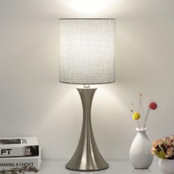 3 Way Touch Control Table Lamp, Dimmable Bedside Desk Lamp with Metal Base Modern Nightstand Lamp Stylish Grey Shade 
