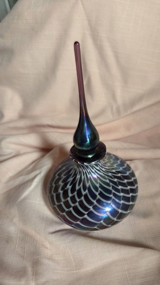 Vintage Glass Eye Studio Iridescent Pulled Feather Perfume Bottle - Mt. St. Helens Ash - Signed