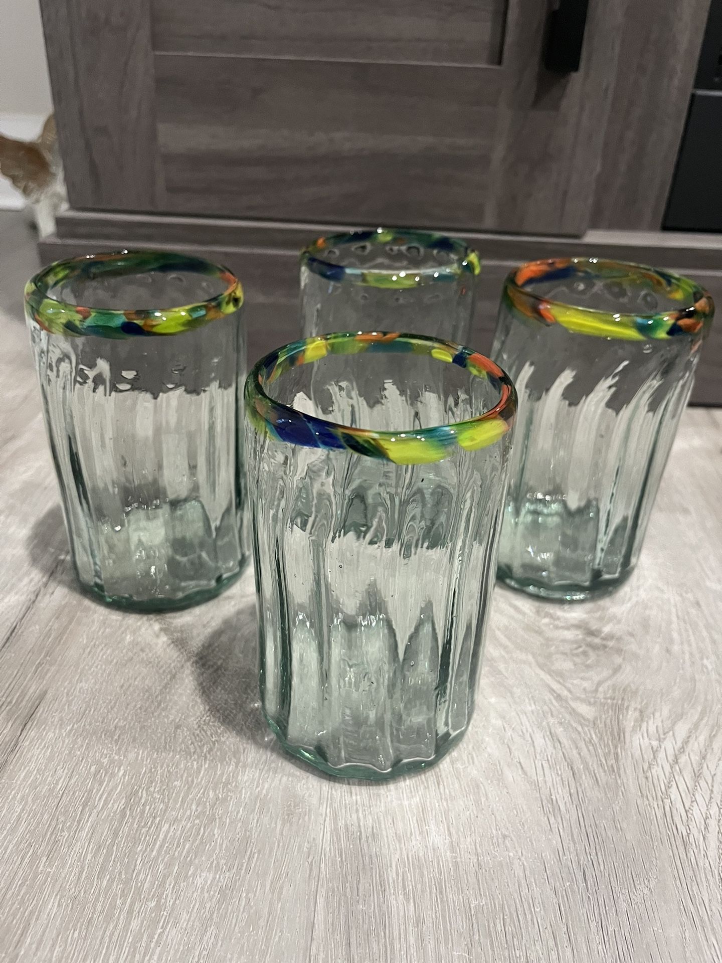 Hand Blow Glass Tumblers With Multicolored Rim, Set Of4