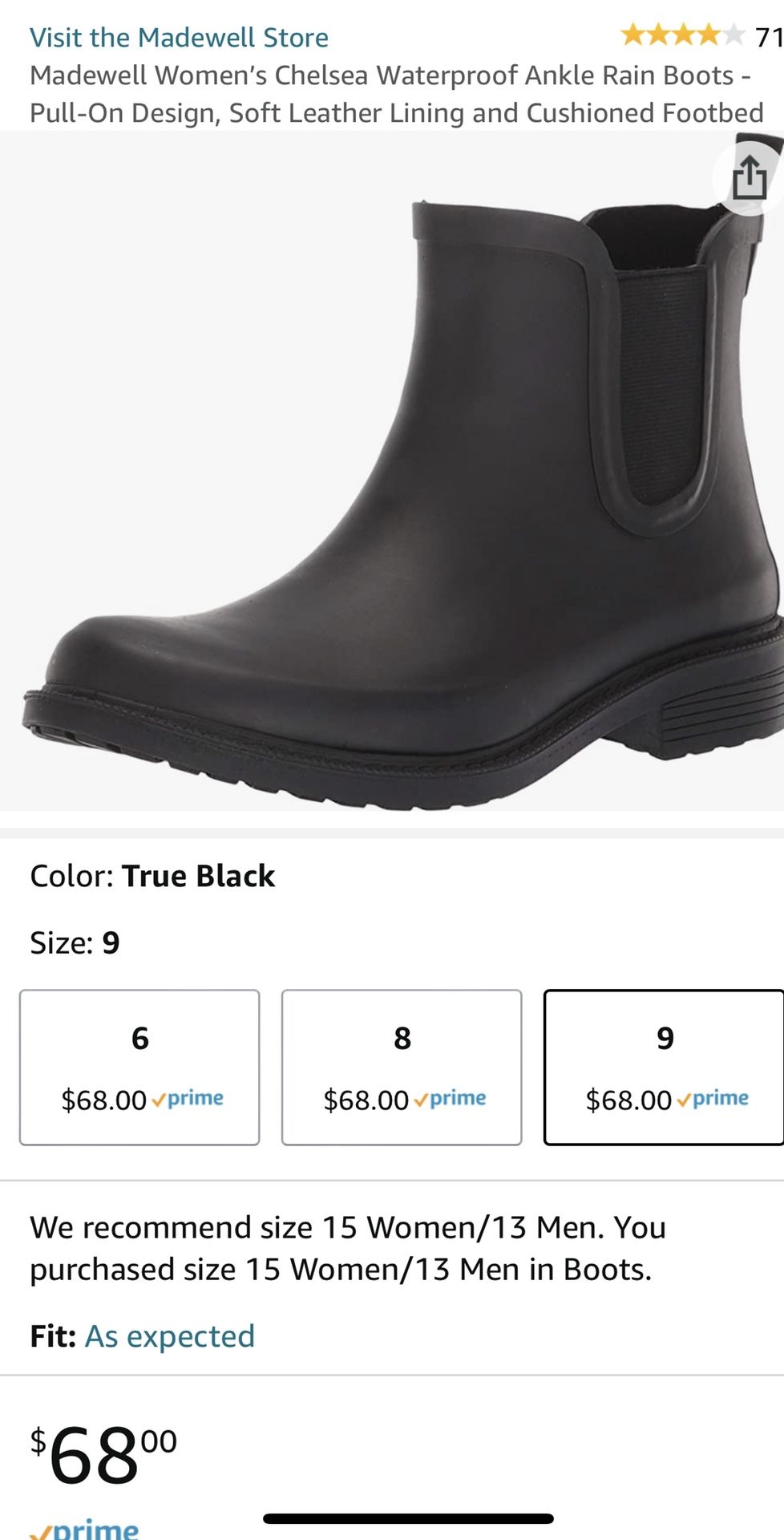 Madewell Women’s Chelsea Waterproof Ankle Rain Boots - Pull-On Design, Soft Leather Lining and Cushioned Footbed