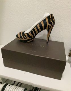 Gucci Tiger Print Calf Hair Platform Heels