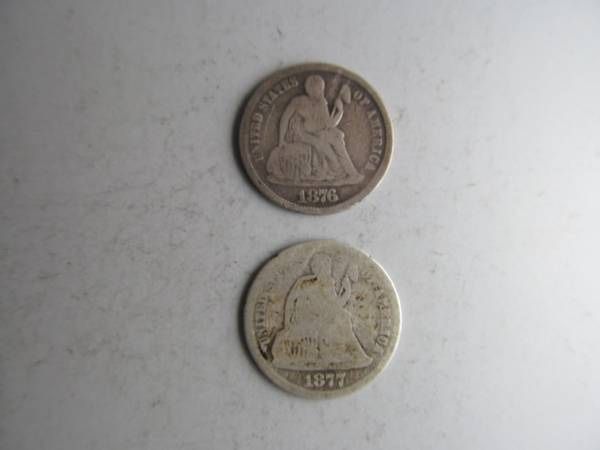 Pair 1876 & 1877 Seated Liberty Dimes -- LOW COST VINTAGE COIN PAIR!