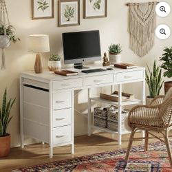 CONCETTA 55 inch Computer Desk with 6 Drawers & 2 Open Shelves, Modern Home Office Desk with Storage