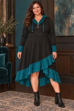 Women’s 1XL Black Teal Hooded High-Low Ruffle Dress NWOT