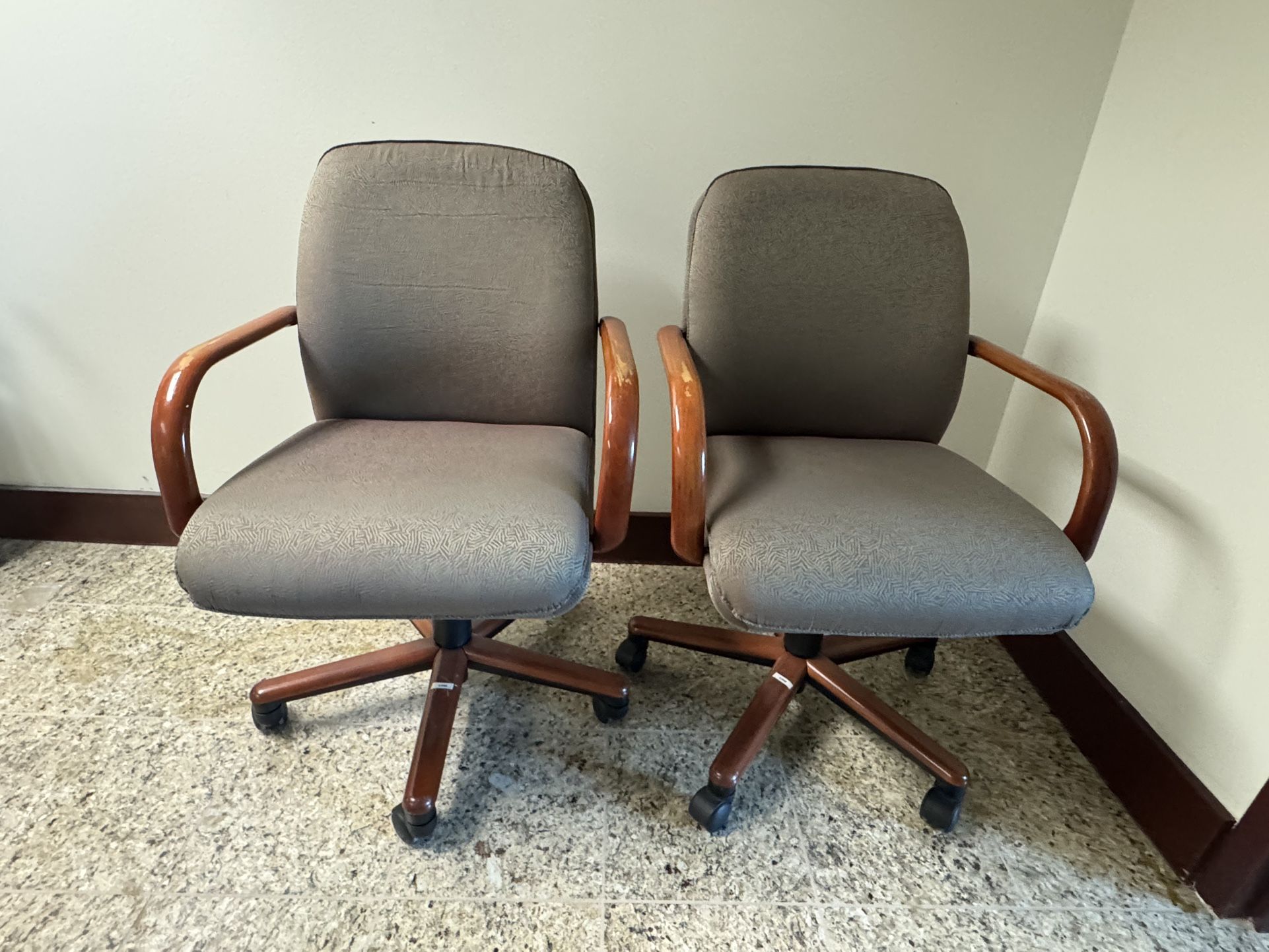 Pair Of Wooden Upholstered Rolling Chairs