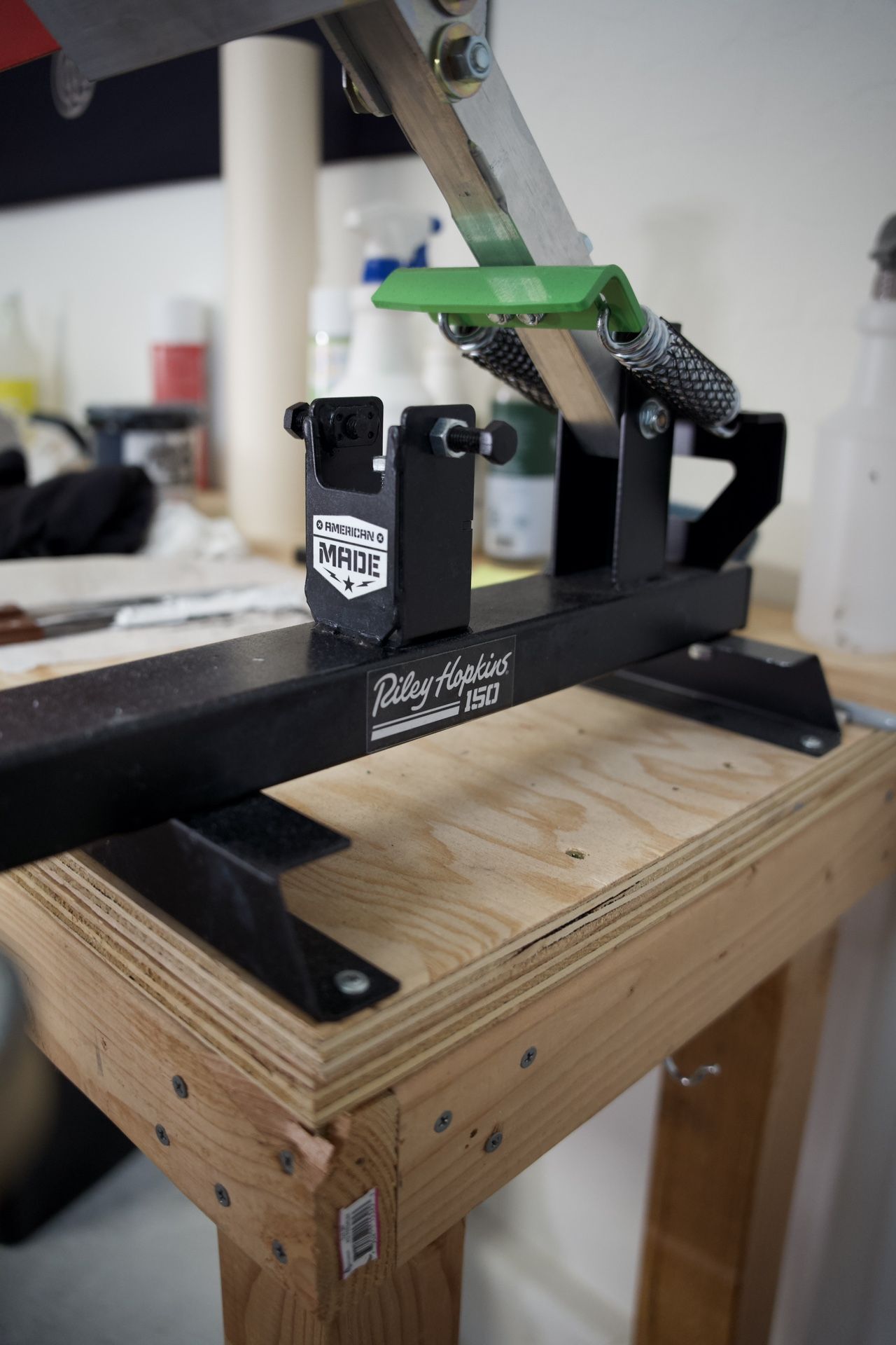 Riley Hopkins 150 1 Color 1 Station Screen Printing Press With Large Work Bench And Misc Supplies