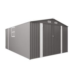 10x14 FT Outdoor Metal Storage Shed, Durable Garden Shed with Three Lockable Doors and Clear Window for Backyard, Patio, Garden, All-Weather Shelter f