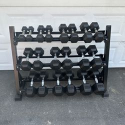 5-50 Rubber Hex Dumbbell Set With 3 Tier Rack