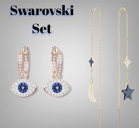 Swarovski Earring Set~ Symbolic Moon & Star Earrings + Evil Eye Hoop Earrings ~ Brand New
