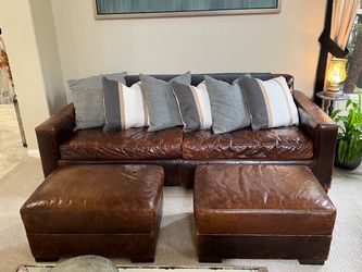 Classic RH Maxwell Distressed Italian Brompton Coco Leather Sleeper Sofa with 2 Matching Ottomans
