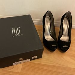 Pelle Moda Peep Toe Platform  Black Suede Stilettos 7.5M