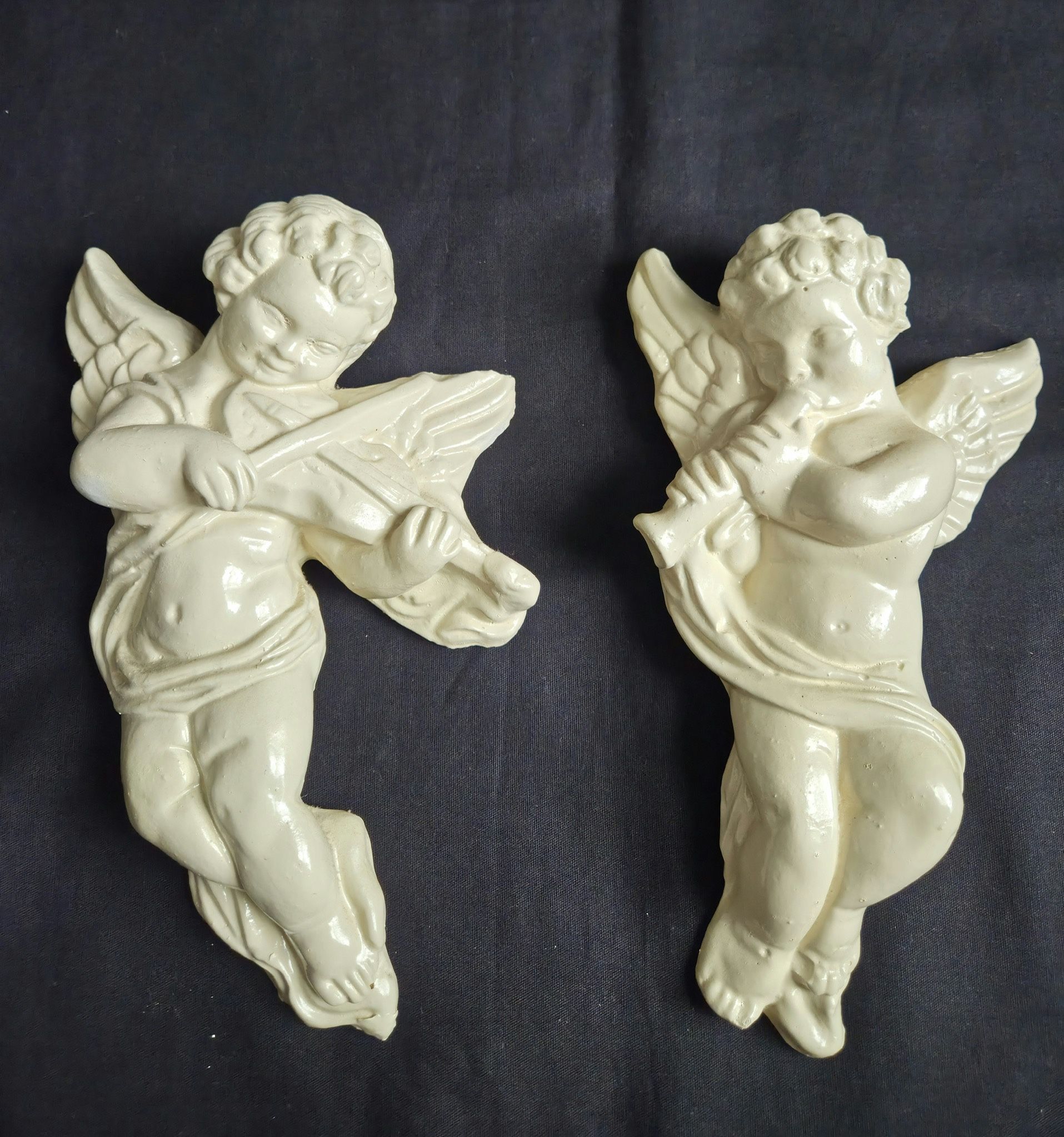 2 Vintage Ceramic Angel Wall Hangings Decorative Cherub Figurines 10" Tall Each