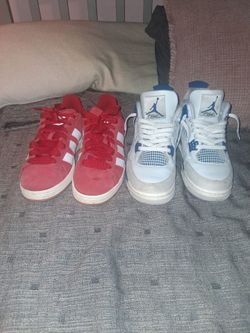 Jordan 4 Military Blue and Adidas Red Campus