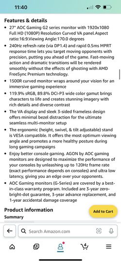 AOC C27G2Z 27 Curved Frameless Ultra-Fast Gaming Monitor, FHD 1080p, 0.5ms  240Hz, FreeSync, HDMI/DP/VGA, Height Adjustable, 3-Year Zero Dead Pixel Gu  for Sale in Tustin, CA - OfferUp