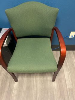 Green Upholstered Guest Chair with Wood Arms
