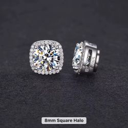 8mm Square halo Moissanite, Magnetic Earrings 
