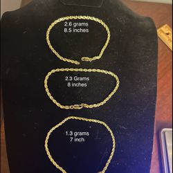 3 Rope Gold Chain Bracelets 14k , 3 Different Prices 