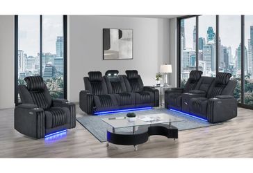 Black corduroy plush seating power recliner sofa w/surround sound & lot more features