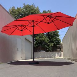 (Brand New) $130 Large 15FT Double Sided Outdoor Umbrella w/ 65 LBS Plastic Weight Base (Red/Gray)